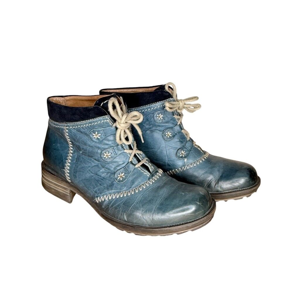Josef Seibel Women's Boots Size 7.5 (EU 38) Blue Leather Ankle Stitching Lace Up